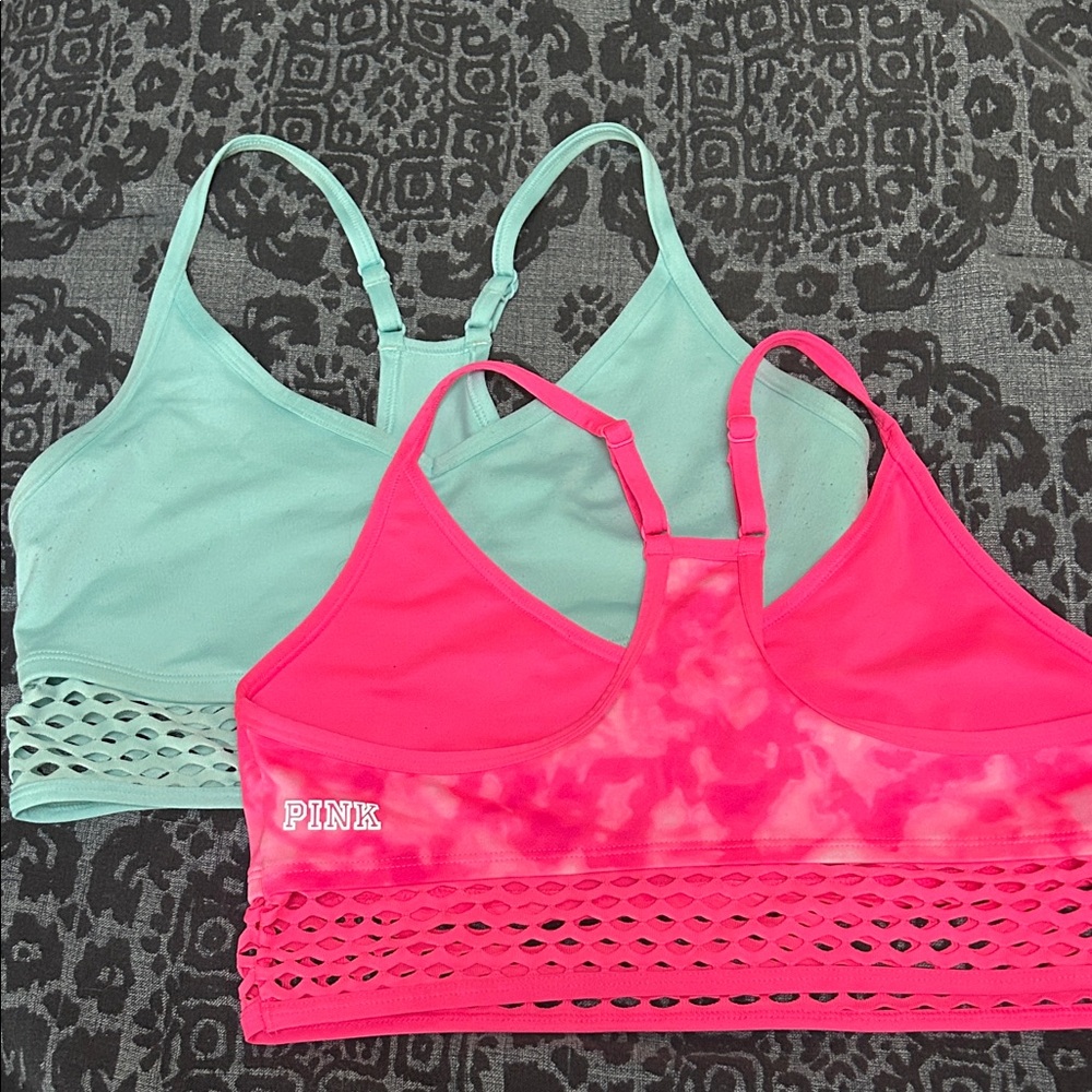 PINK Victoria's Secret TWO Mesh Sports Bras Pink TieDye & Solid Mint